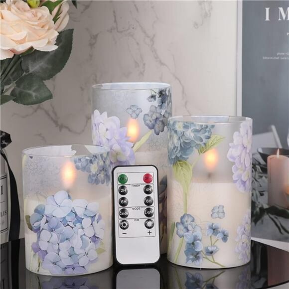 Hydrangea Glass Flameless Candles with Remote Timer Battery Operated LED Candle - Picture 1 of 7
